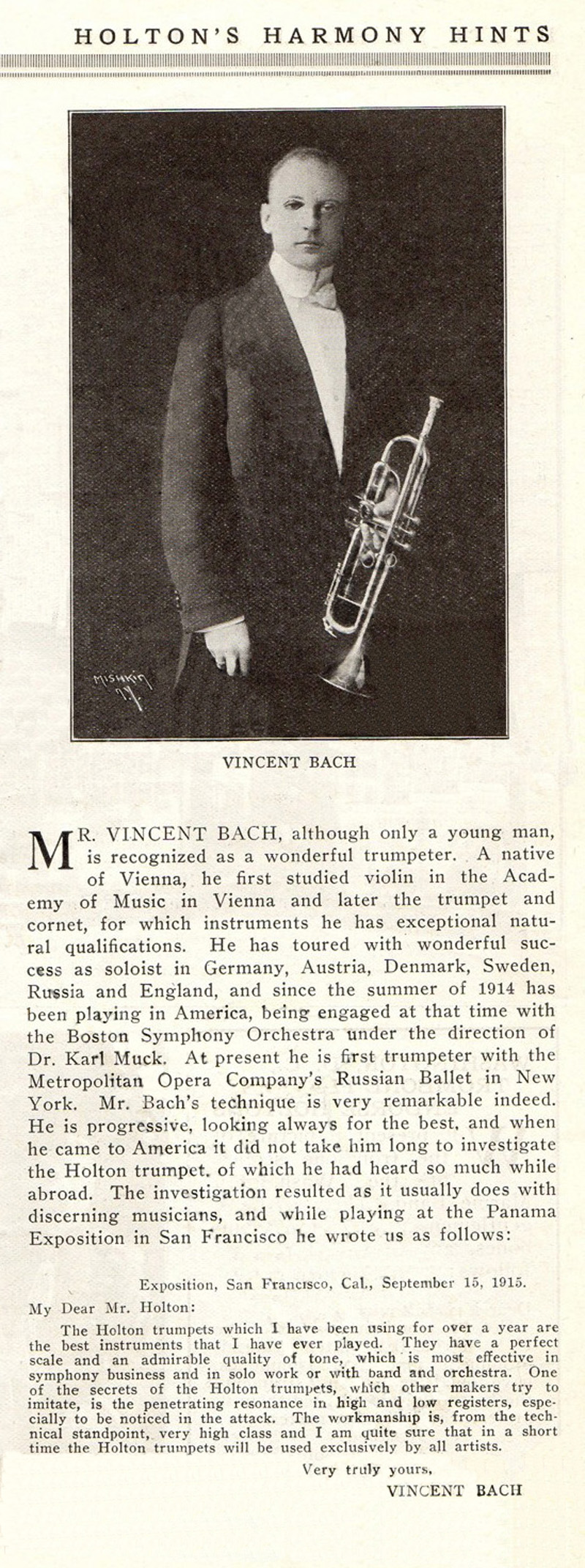 Vincent Bach 1916 Holton Trumpet Boston Symphony